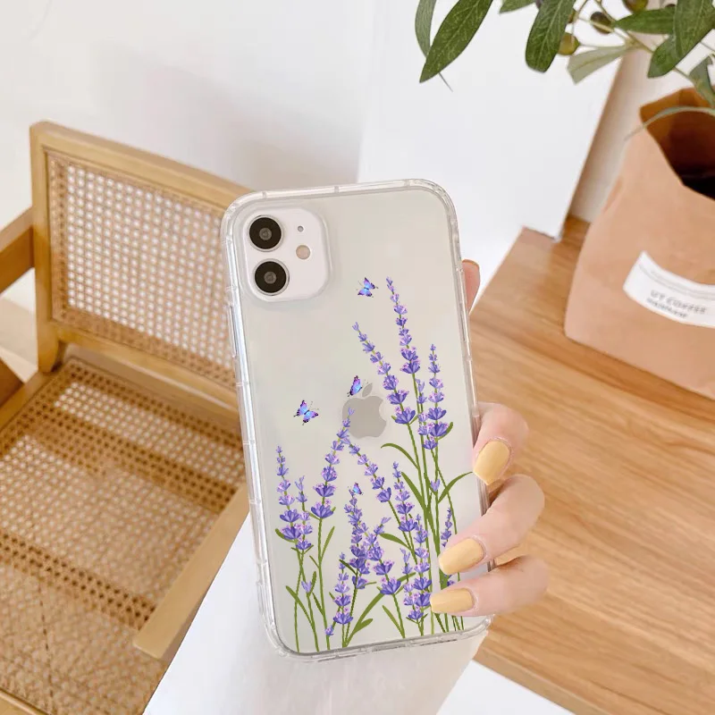 

Butterfly Lavender Higan Flower Phone Cases For iphone 7 8 plus SE 2020 12 mini 11 13 pro max X XR XS Max Transparent Back Cover