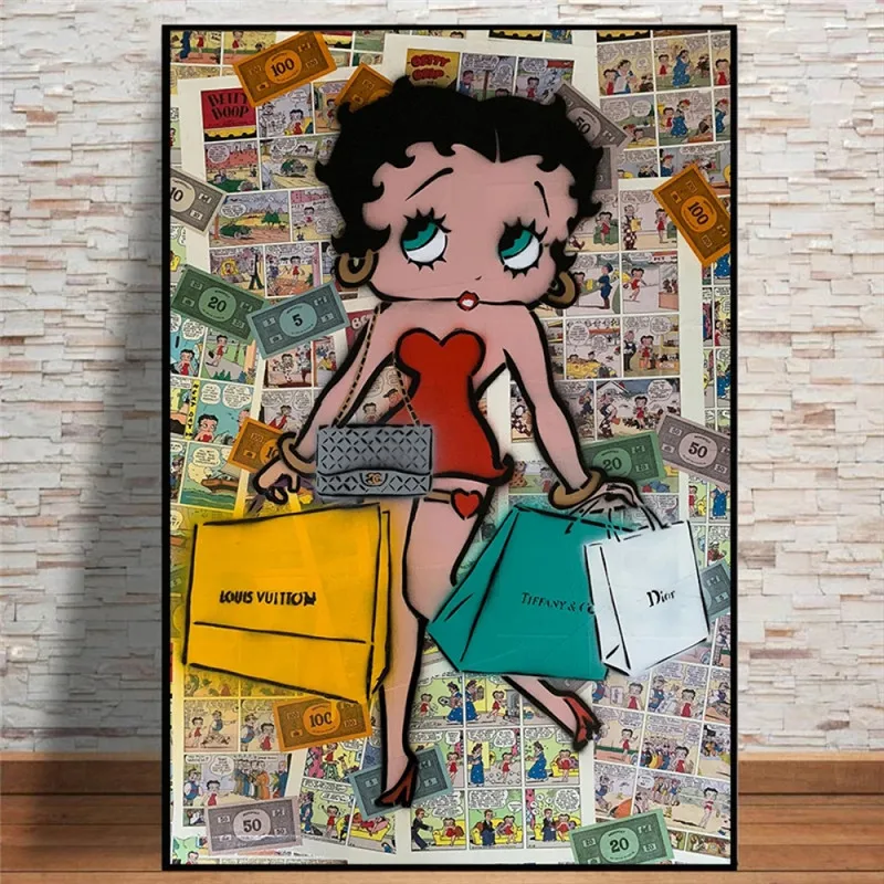Уличное искусство Бетти боп принты Холст плакат мультфильм шопинг и монета
