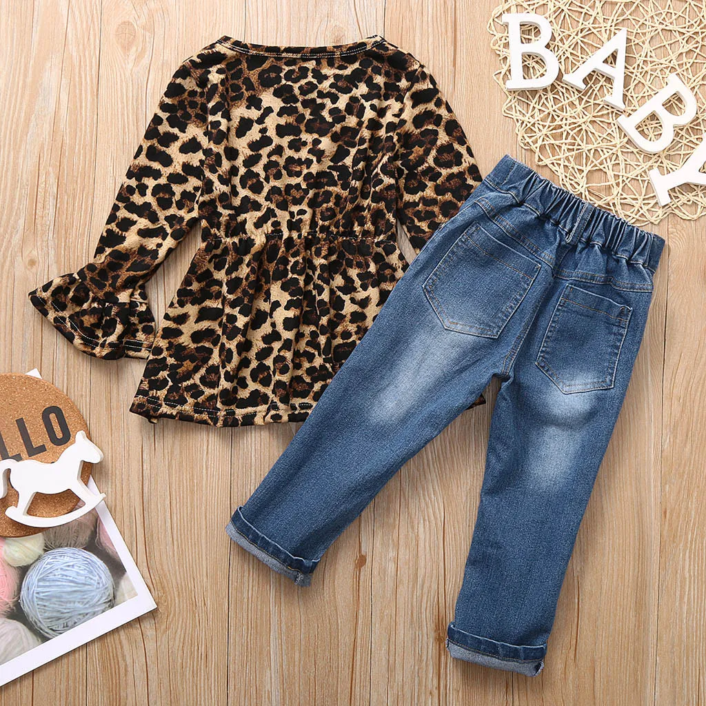 Футболка с леопардовым принтом для маленьких девочек топ и джинсы брюки модный