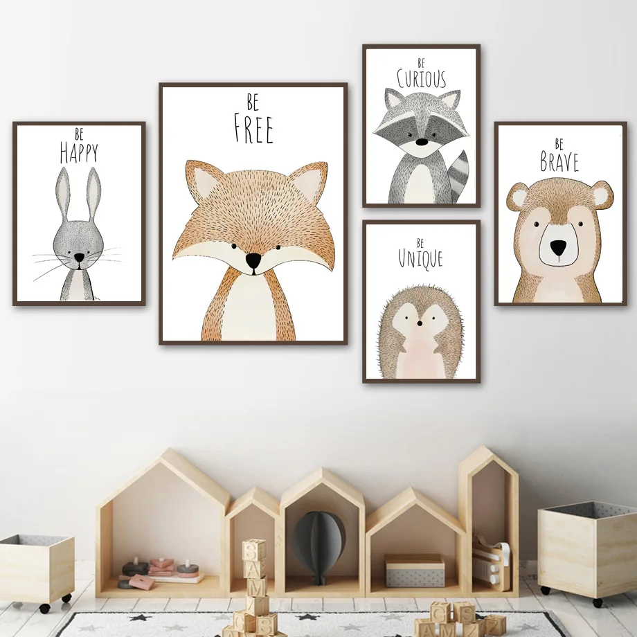 

Modern Print Deer Bear Fox Rabbit Raccoon Home Wall Art Canvas Cartoon Painting Nordic Posters Wall Picture Baby Kid Roomm Decor