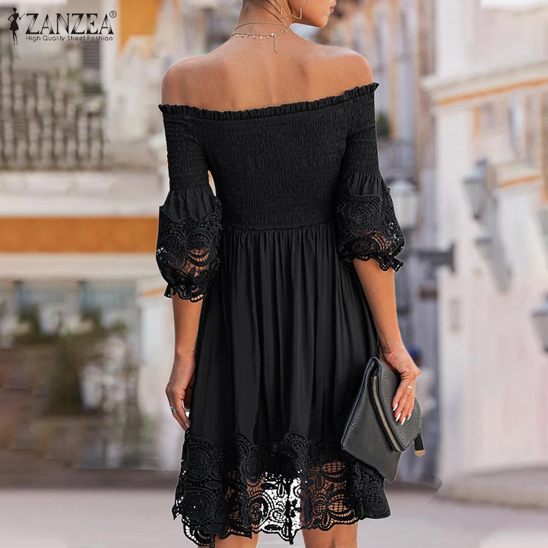 

Fashion Summer Lace Crochet Dress Women Off Shoulder Short Sleeve Party White Sundress Sexy Boat Neck Hollow Out Vestido