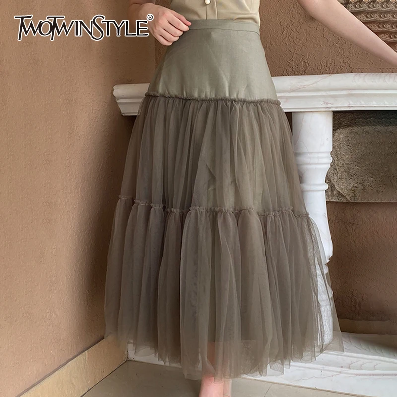 

TWOTWINSTYLE Patchwork Mesh Ball Gown Skirt For Women High Waist Midi Casual Skirts Female Fashion New Clothing 2020 Tide Summer