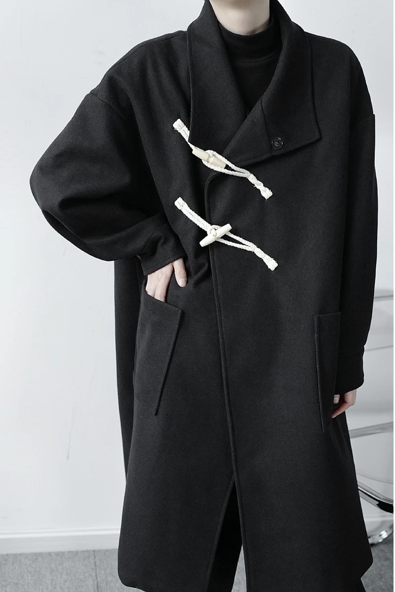 

Male Japan Streetwear Black Wool Cardigan Jacket Overcoat Men Autumn Winter Woolen Horn Button Long Trench Coat Outerwear