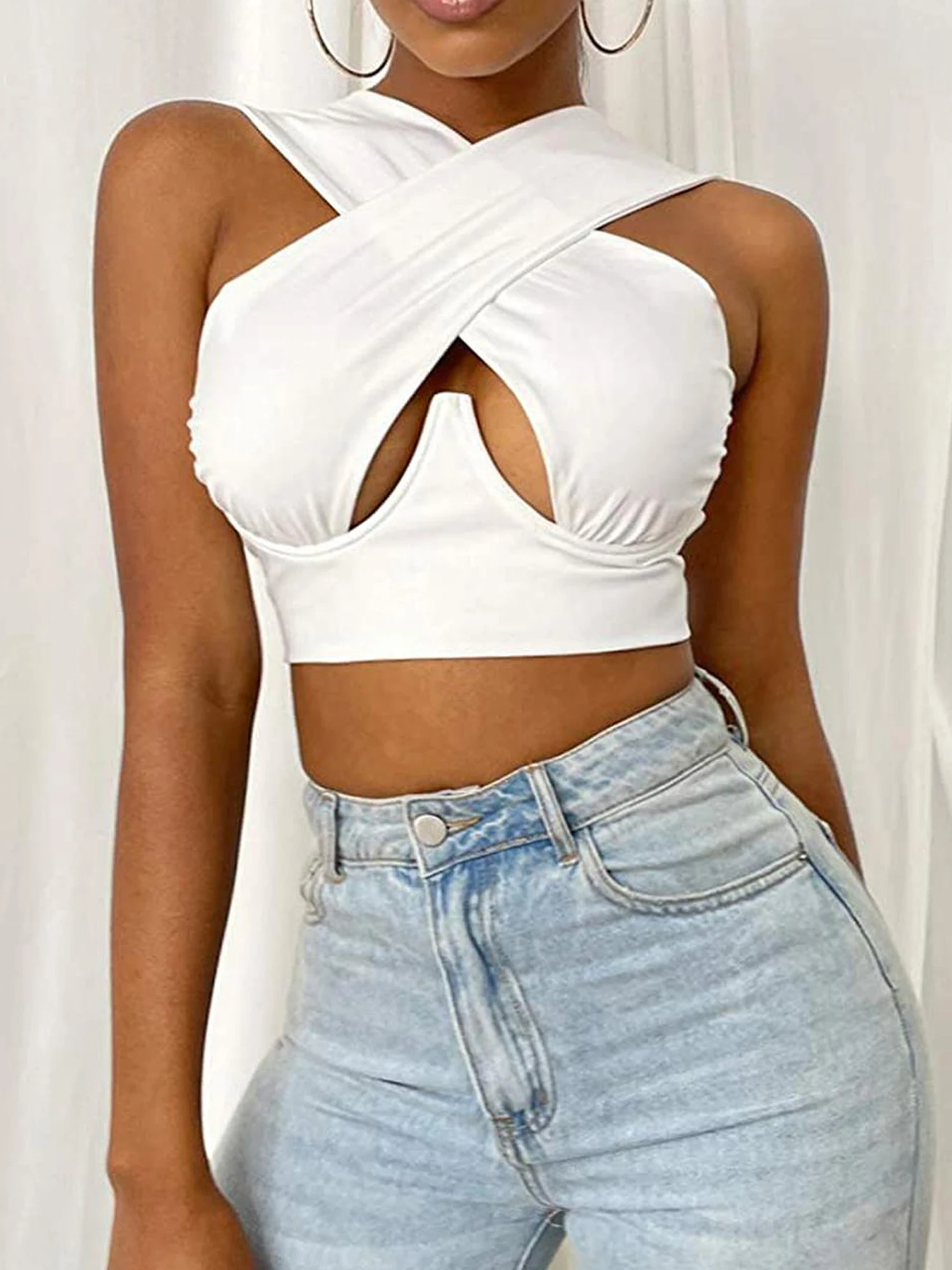 Женский летний ажурный жилет с перекрестными бретелями сексуальный однотонный