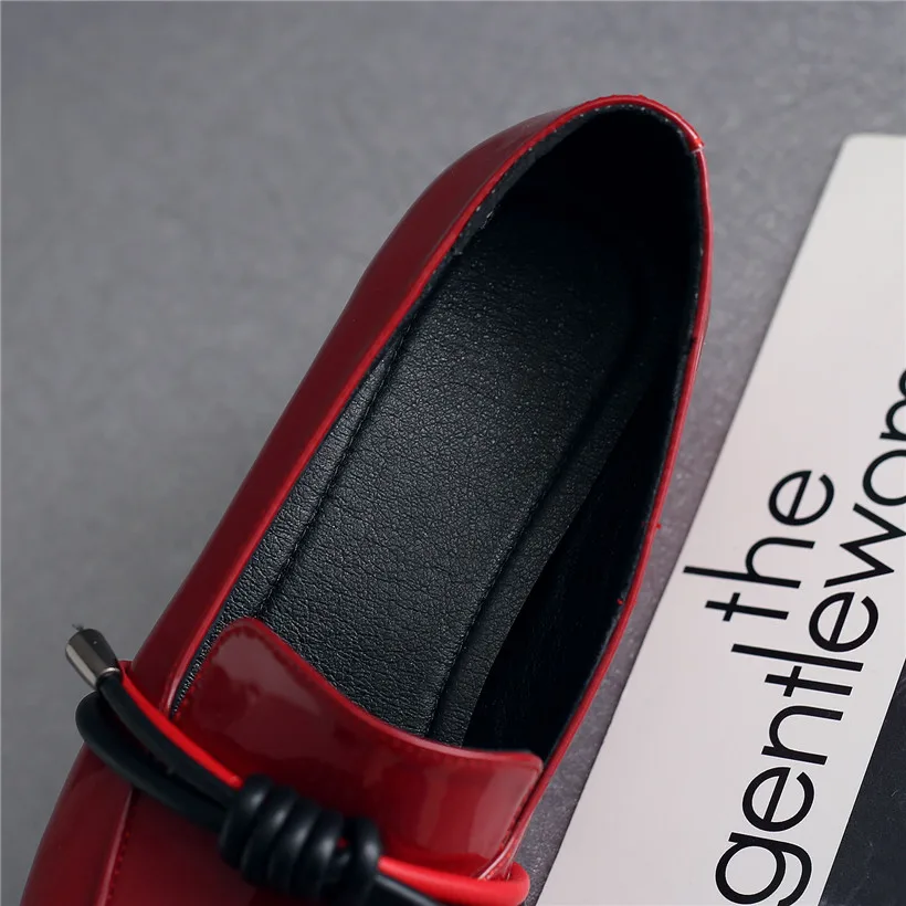 British Women Loafers Red Patent Leather Square Toe Rope Bowtie Flats Slip-on Low Block Heel Mocassins Ladies Smoking Shoes