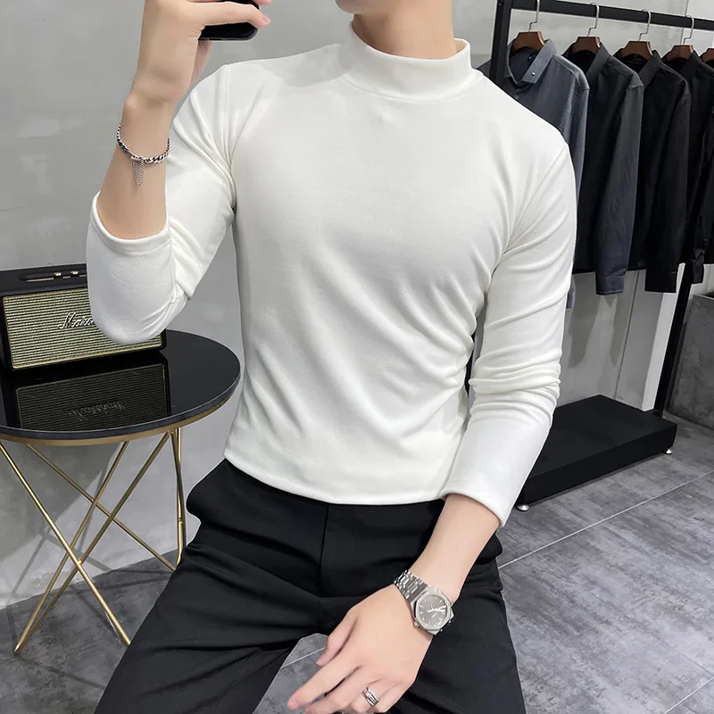 

OIMG Autumn and winter new men's long-sleeved T-shirt half-high collar bottoming shirt round neck with double-sided fleece