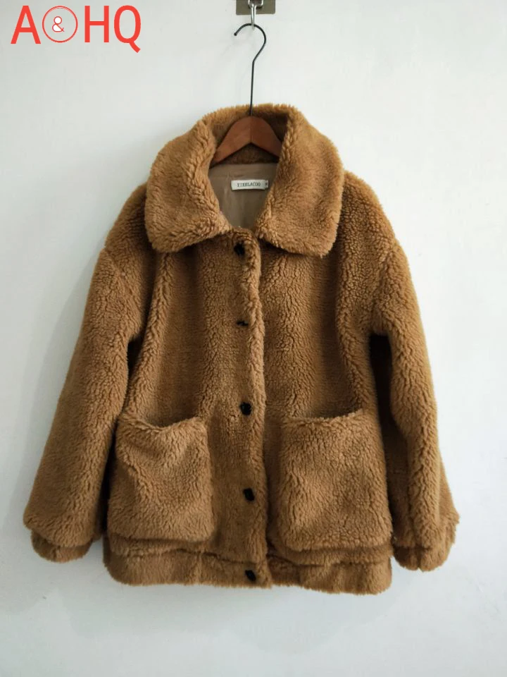 

Faux Fur Coat Women Brown Autumn Winter Fluffy Teddy Jacket Coat Plus Size Outerwear Turn Down Short Coat FemaleLong Sleeve