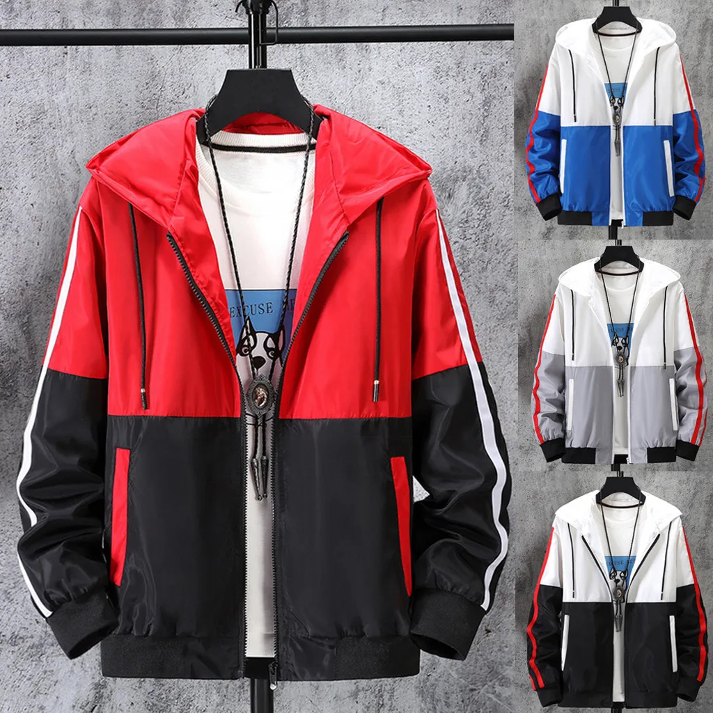 

Men Autumn Casual Fashion Color Collision Patchwork Hoodie Thin Outwear Coat