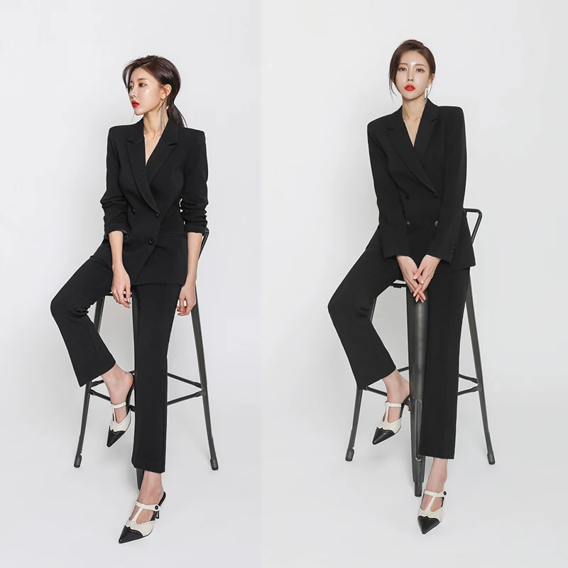 2022 Women Autumn Winter New Suits Female Office Lady Double Breasted Blazer Jacket + High Waist Pants Ladies 2 Piece Sets E986