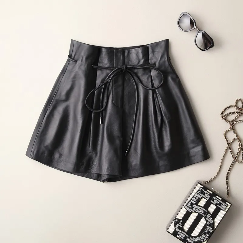 

Real Genuine 100% Leather Shorts New 2021 Spring Fall Lace Up Sheepskin Shorts Women Size 2XL Free Shipping Wide- legged Shorts
