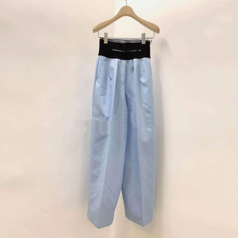 2021 summer new high-quality elastic waist thinner all-match wide-legstraight-leg pants women's loose high-waist casual trousers