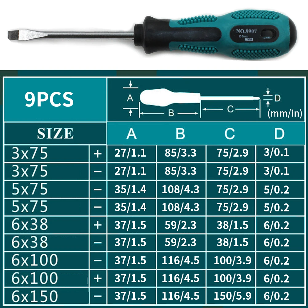 

9PCS Screwdriver Set Flat Head Screwdriver Phillips Tips Screwdriver Chrome Vanadium Steel Heavy Duty Craftsman Toolkit