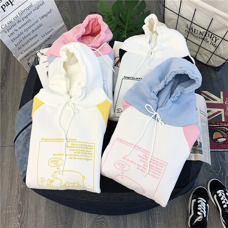 

Winter Fashion Korean Style Kawaii Two-color Stitching Hoodies Harajuku Oversized Streetwear Pink Keep Warm Cute Cartoon Hoodie