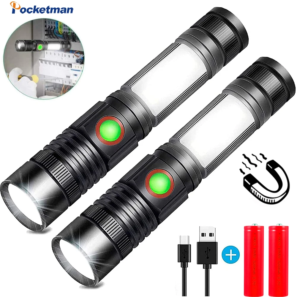 

LED Flashlight USB Rechargeable Telescopic zoom Flashlight Torch Lanterna with Magnet COB Work Light for Camping Hiking