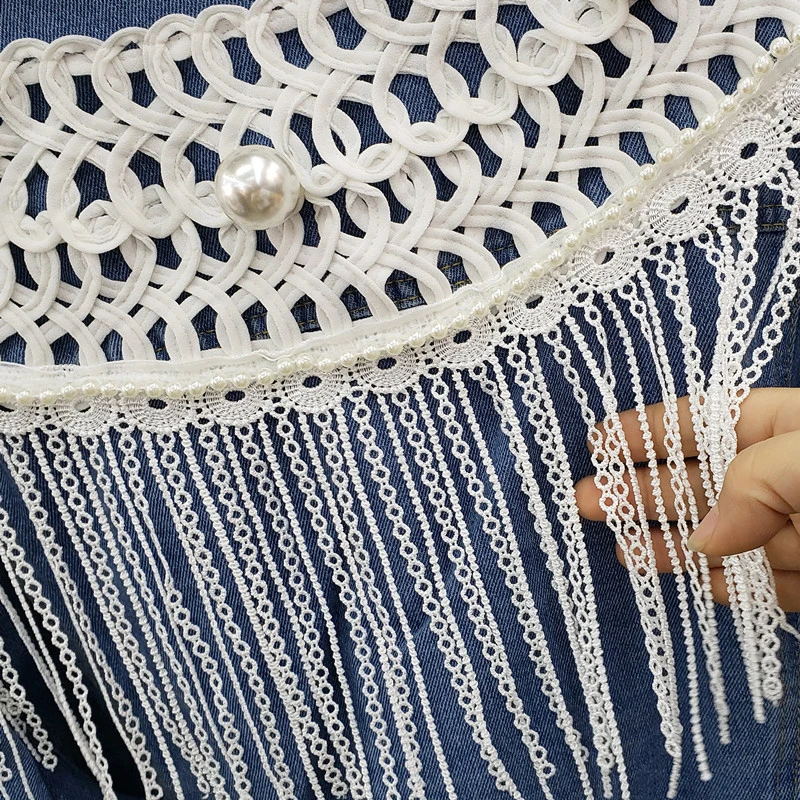 

Patchwork Tassel Coat For Women Lapel Collar Long Sleeve Hollow Out Pearls Denim High Street Coats Female 2020 Spring New K593