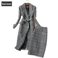 autumn winter new korean fashion sets womens long slim lace up vintage woolen coat high waist plaid skirt two piece suit