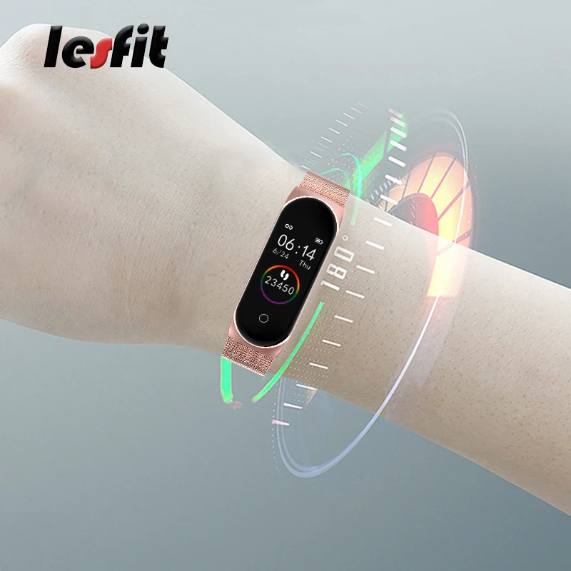 Lesfit Роскошные из нержавеющей стали умные цифровые браслеты для женщин MI Android