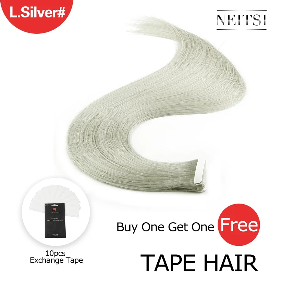 Light Silver Neitsi Machine Made Remy Tape In Human Hair Extensions 20" Double Side Tape Straight Ombre Skin Weft Hair+ Free Exchange Tapes - Цвет: Light Silver