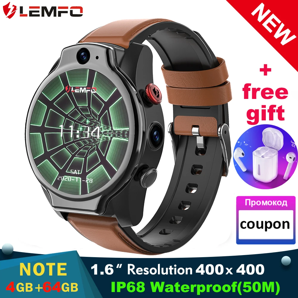 LEMFO LEM14 1 6 дюймов Смарт часы Android 10 4GB 64GB IP68 Водонепроницаемый 13MP двойной Камера 1100