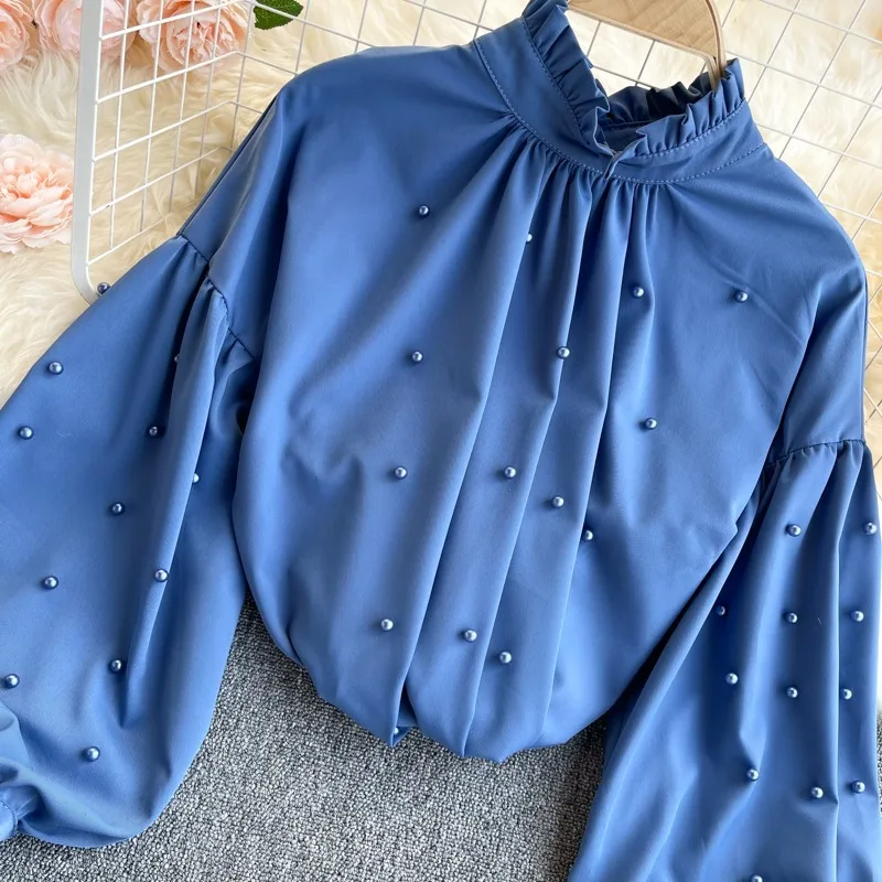 

XIKOI Patchwork Solid Chiffon Blouse O Neck Women Beading Pullover Long Sleeve Loose Blusas Spring 2021 New All Match Ladies Top