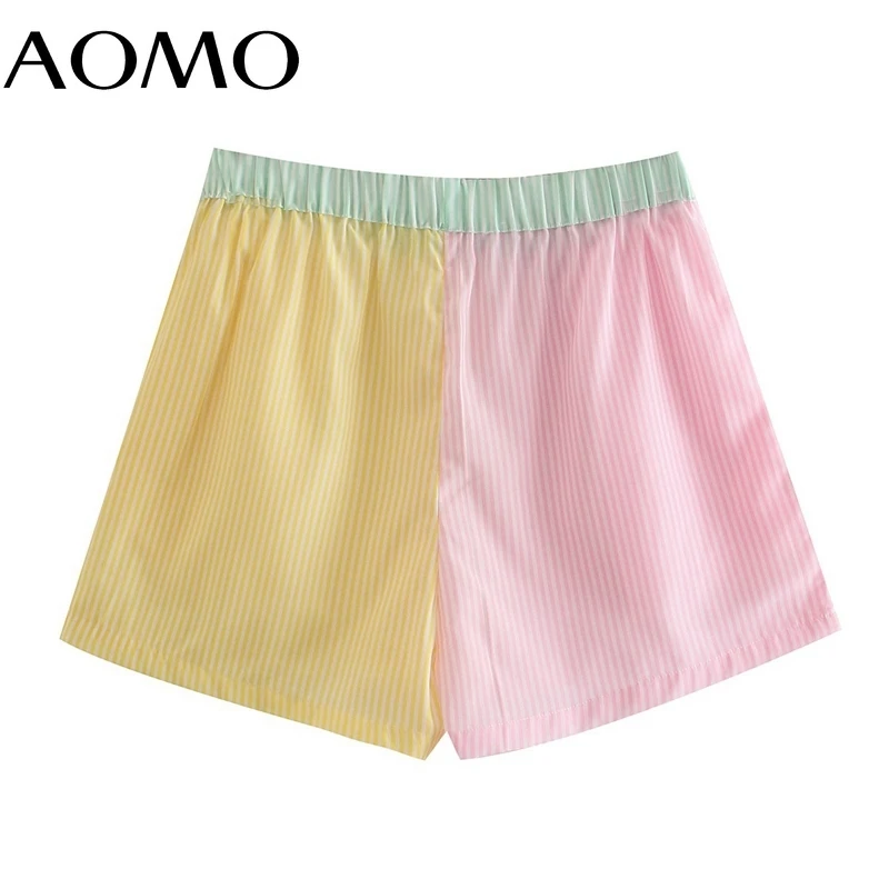 

AOMO Women Vintage Colorful Striped Shorts Strethy Waist Female Retro Casual Shorts Pantalones AB39A