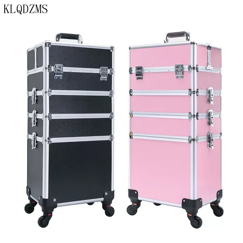 KLQDZMS Women Professional Makeup Beauty Case Tattoo Cosmetic Case Fashion Trolley Luggage Bag Aluminum Cosmetic Suitcase