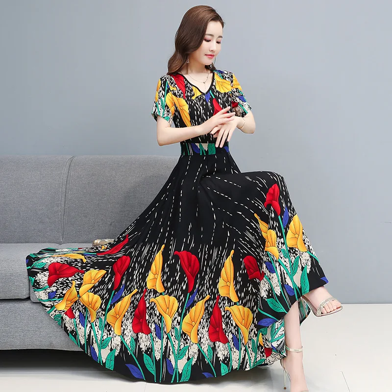 

summer women's new Korean version of large size cotton silk dress Slim V-neck short-sleeved temperament ladies' big swing skirt