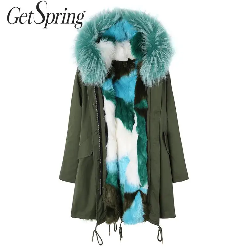 GETSPRING/женские шубы в стиле пэчворк; женская зимняя куртка; теплая парка; коллекция года; модные зимние пальто из искусственного меха в винтажном стиле