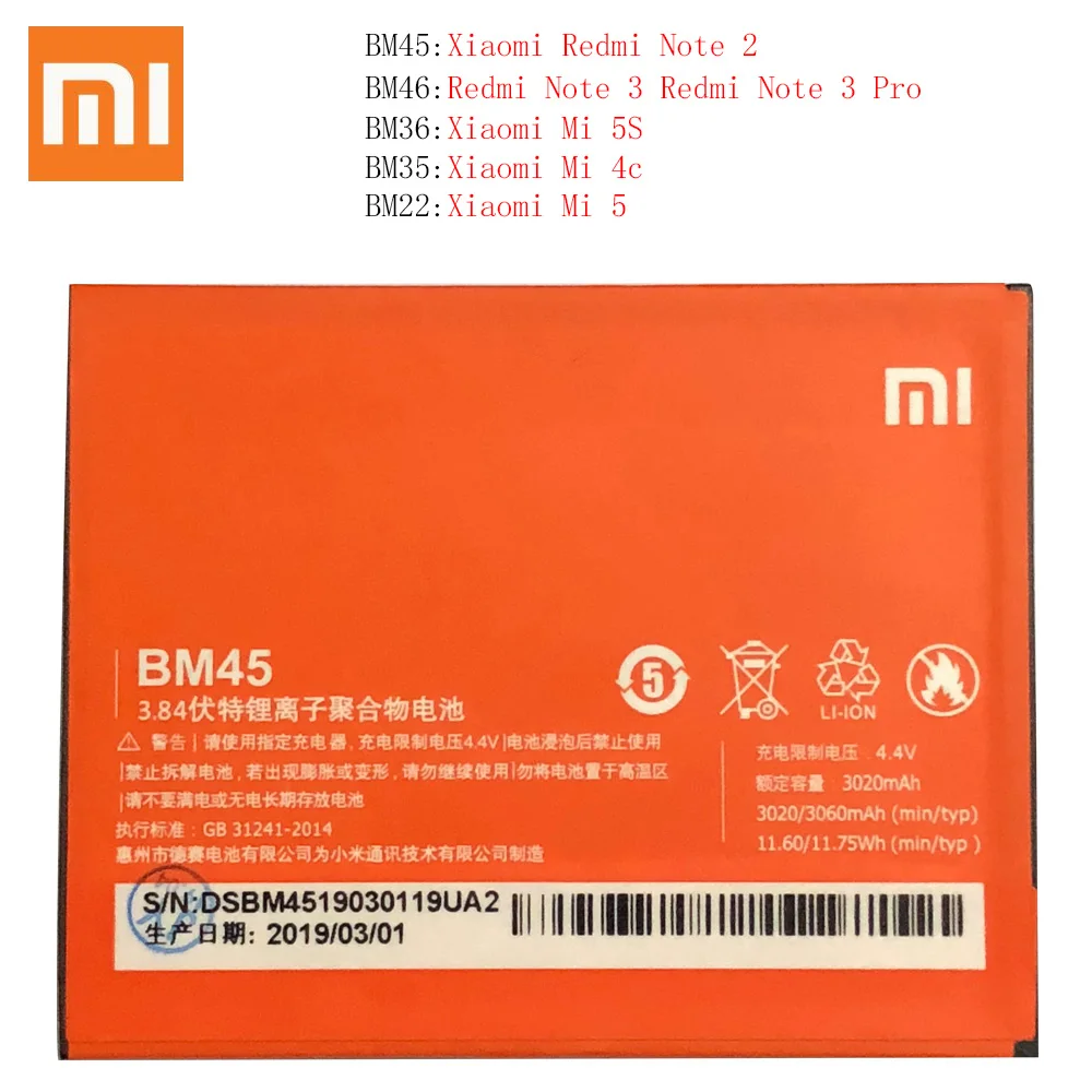 BM45 BM46 BM42 BN41 BN43 оригинальный аккумулятор Xiaomi Redmi Note 4 4X 3 2 Note2 Note3 Note4 сменный