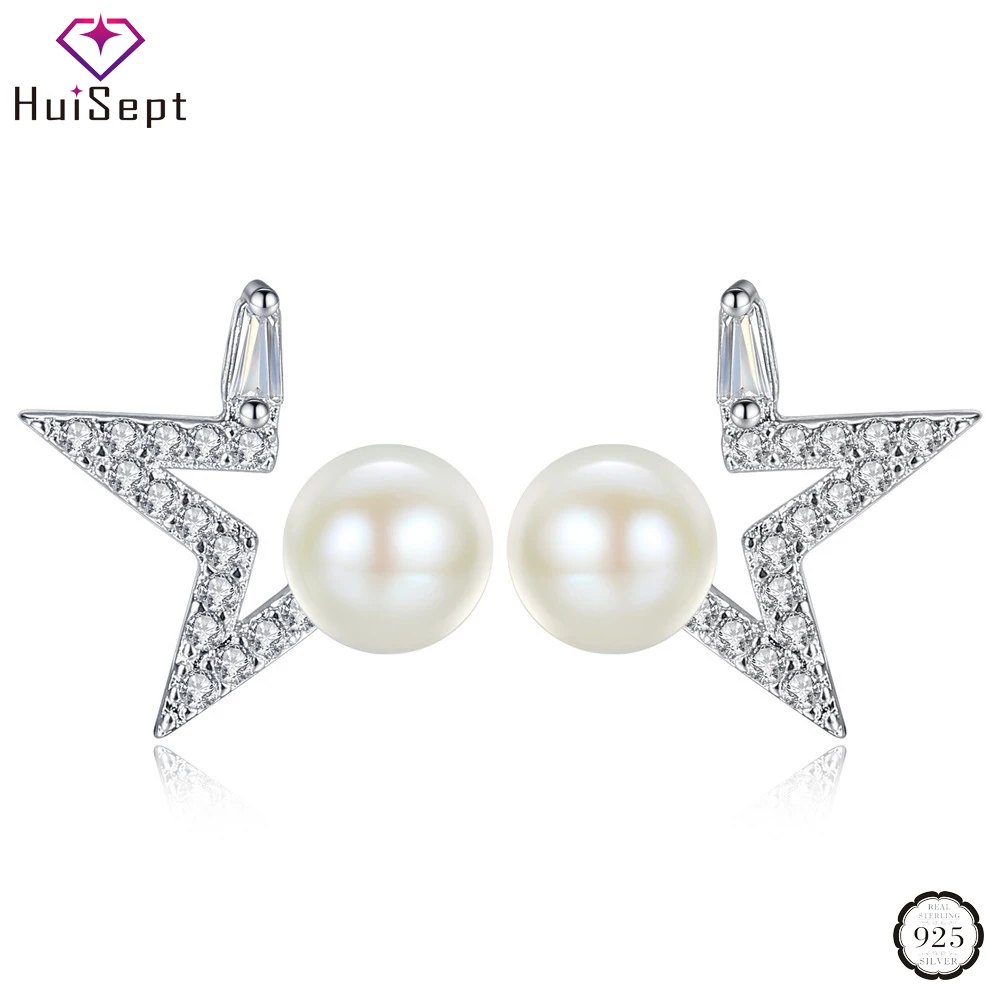 

HuiSept Fashion Pearl Earrings 925 Silver Jewelry Five-pointed Star Zircon Gemstone Stud Earrings for Female Wedding Party Gifts