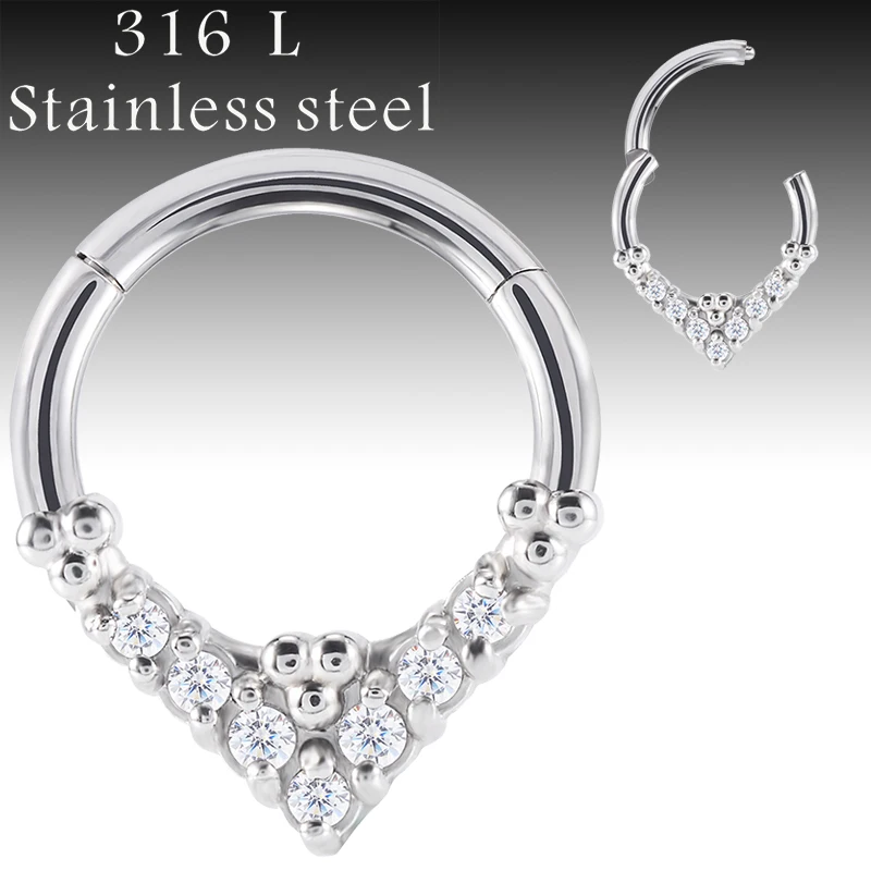 

1PCS 316L Stainless Steel 7 CZ Blaze Set With Clustered Tribal Beads Around Segment Ring 16G Nose Hoops Ear Piercing Nose Ring