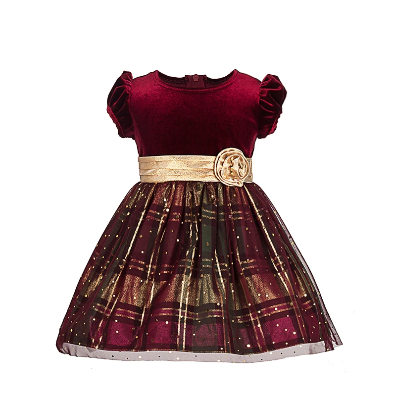 

Yatheen Baby Girl 12M-2T Party Dress Spring/Autumn Fit-And-Flare velvet Dresses Knee length Golden Check Pattern Kids Dress