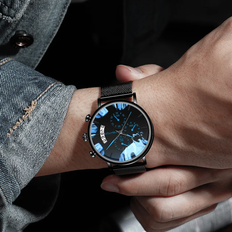 

Montre Homme 2020 Fashion Men's Wrist Watch Classic Black Ultra Thin Stainless Steel Mesh Belt Quartz Clock Relogio Masculino