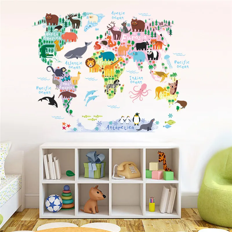 

Animal Map Of World Wall Stickers For Kindergarten Classroom Kids Room Home Decor Diy Safari Mural Art Pvc Wall Decals