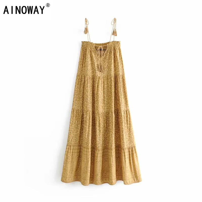 Платье женское Винтажное с леопардовым принтом Пляжное богемное Макси платье на