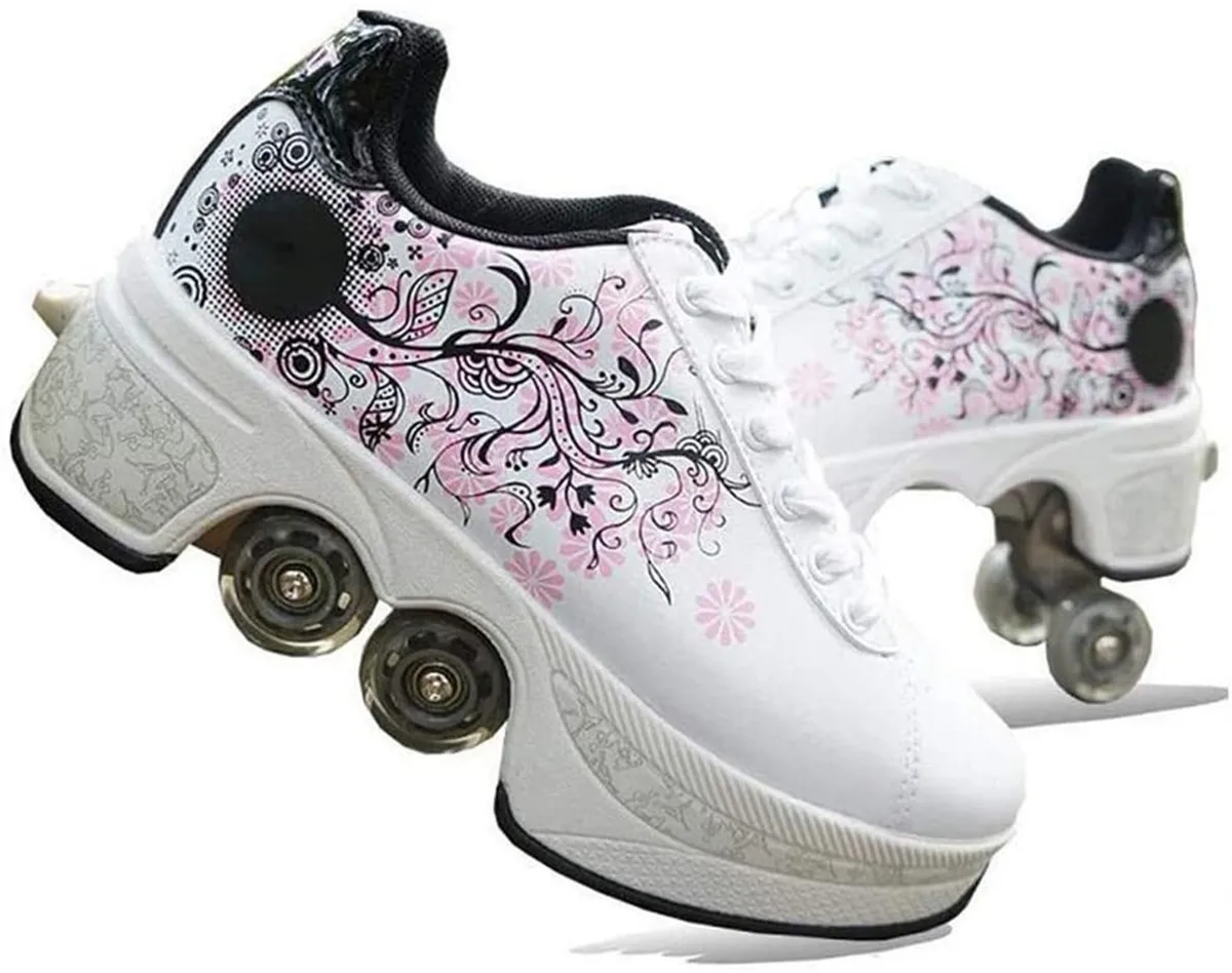 Кожаные розовые роликовые коньки деформационная обувь с 4 колесами повседневная