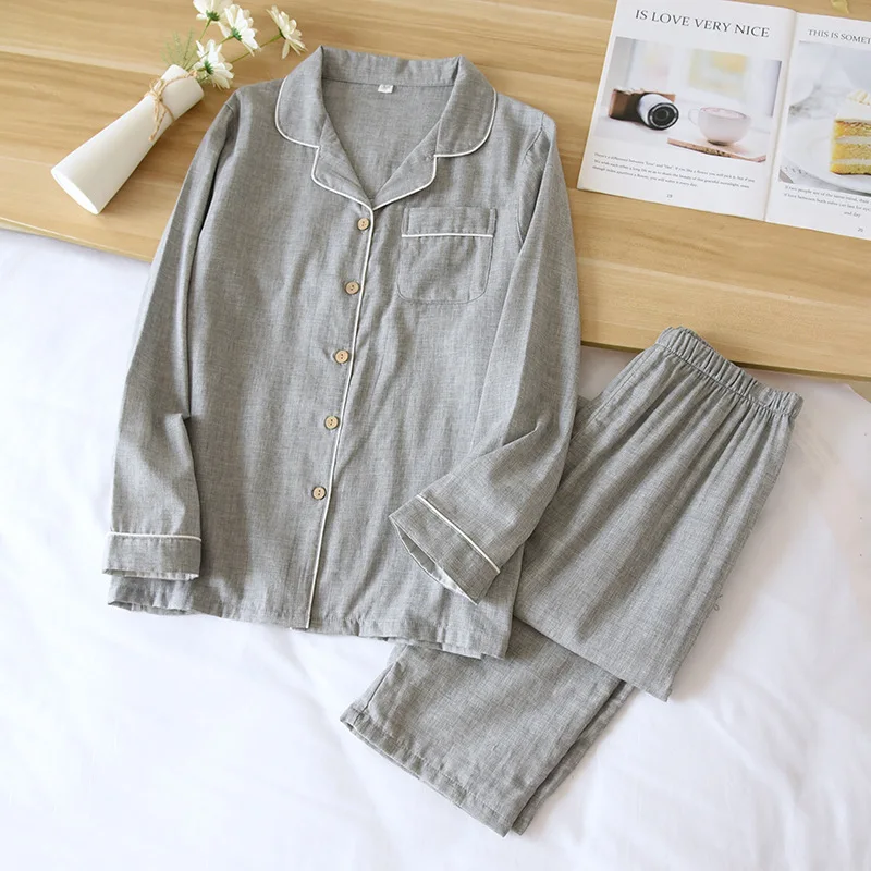Spring Autumn Solid Cotton Girls Pajamas Set Winter Leisure Sleepwear For Women Loose Nightwear Long Pant Homewear Suit