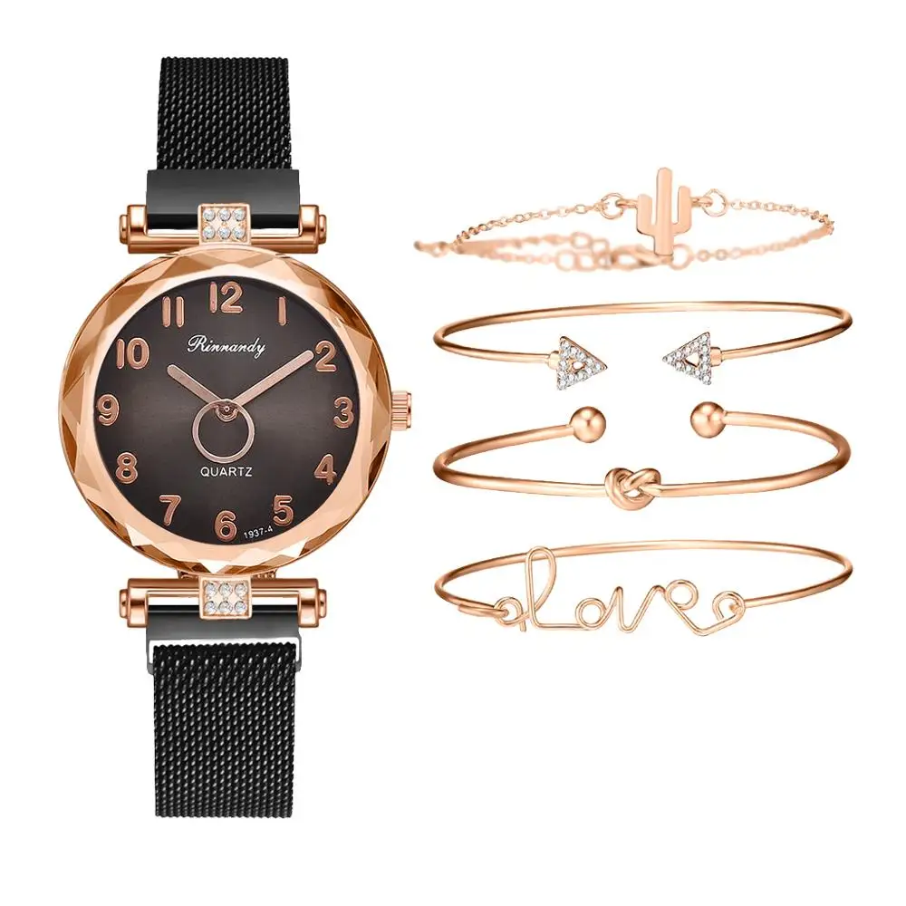 

5pc/set Luxury Brand Women Watches Gradient Magnet Watch Fashion Casual Female Wristwatch Simple Bracelet Dress Pink Clock Gifts