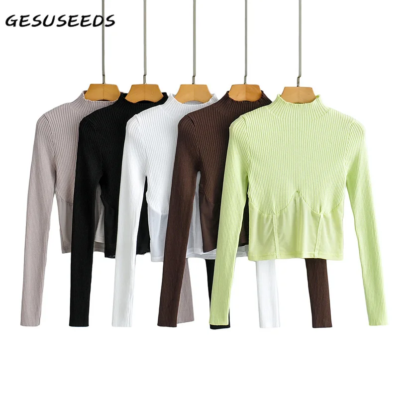 

Женская футболка с высоким воротником, однотонная облегающая футболка с длинным рукавом, в стиле пэчворк, белая трикотажная укороченная фу...