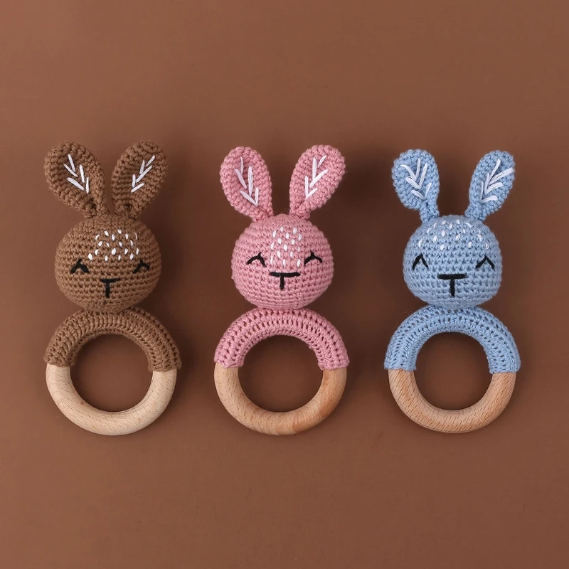 

1Pc Baby Wooden Teether Crochet Bunny Rattle Toy Wood Rodent Rattle Toys Gifts