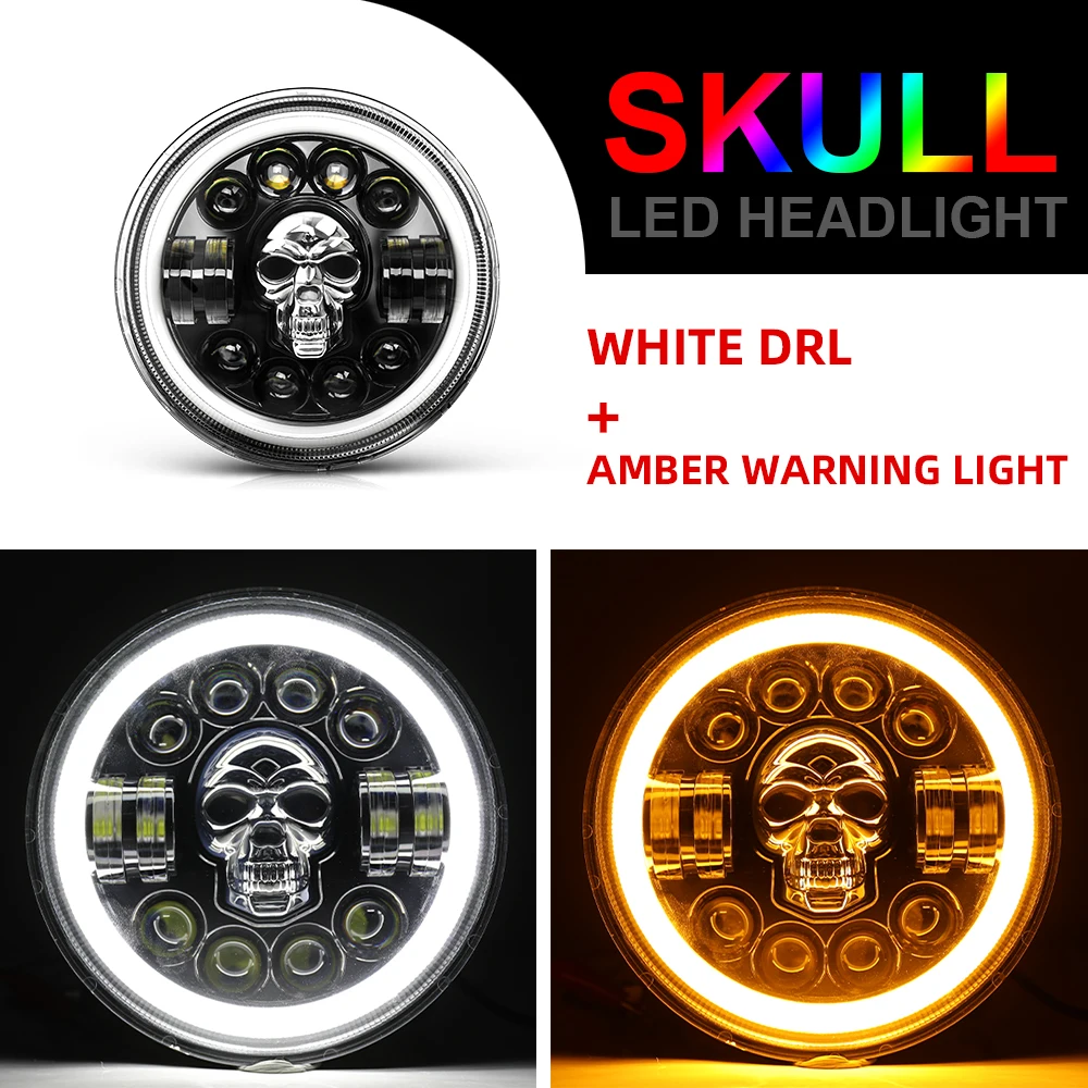 Dot-L&aacute;mpara LED E9 para motocicleta, faros delanteros de 7 pulgadas con Halo de ojos en &aacute;ngulo, RGB, Calavera, redondos, DRL, para Wrangler JK-2