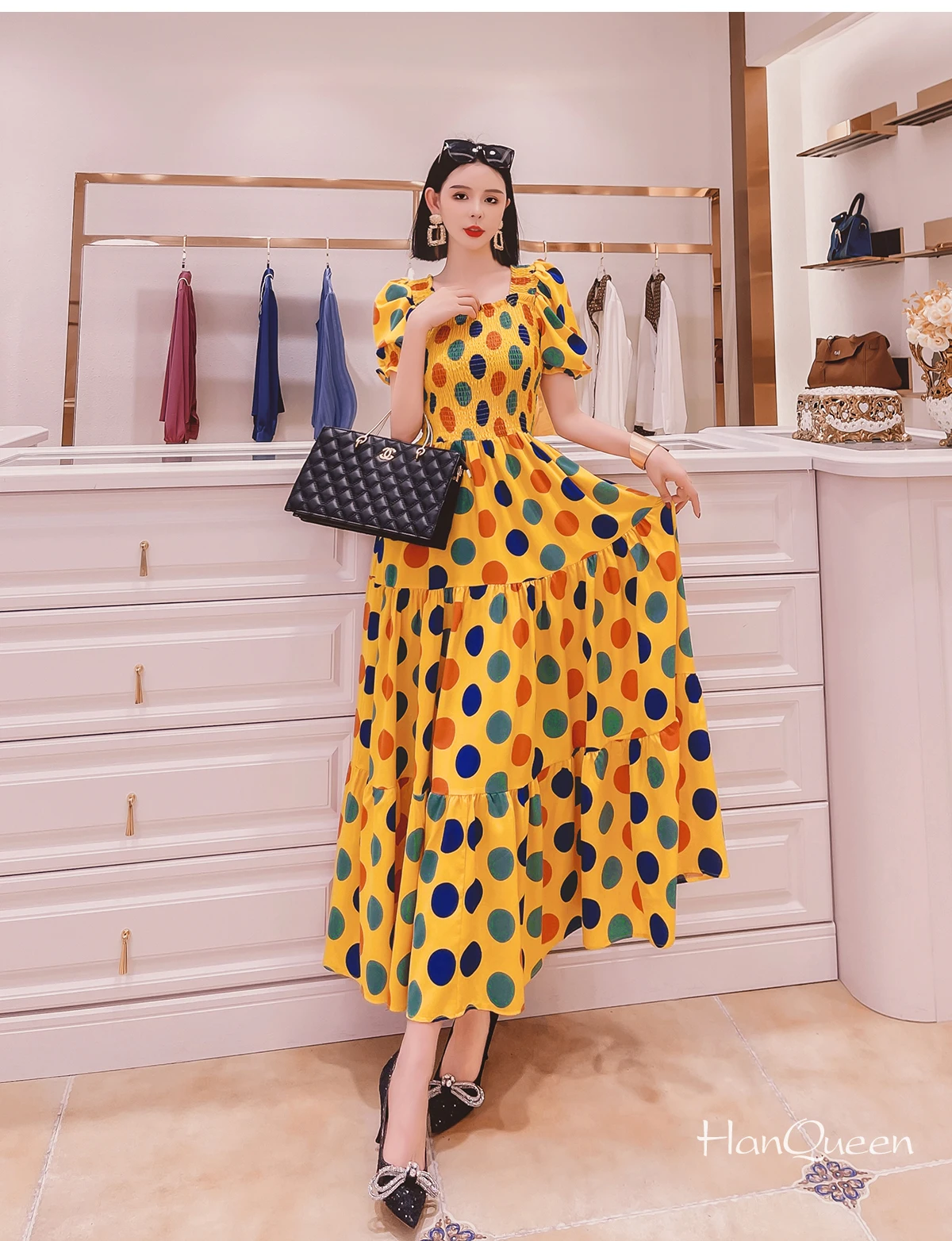 

Polka Dot Short Sleeve Maxi Dress French Style High Waist Slimming Square Collar Elegant Dress Fashionable Long Feminine Dress