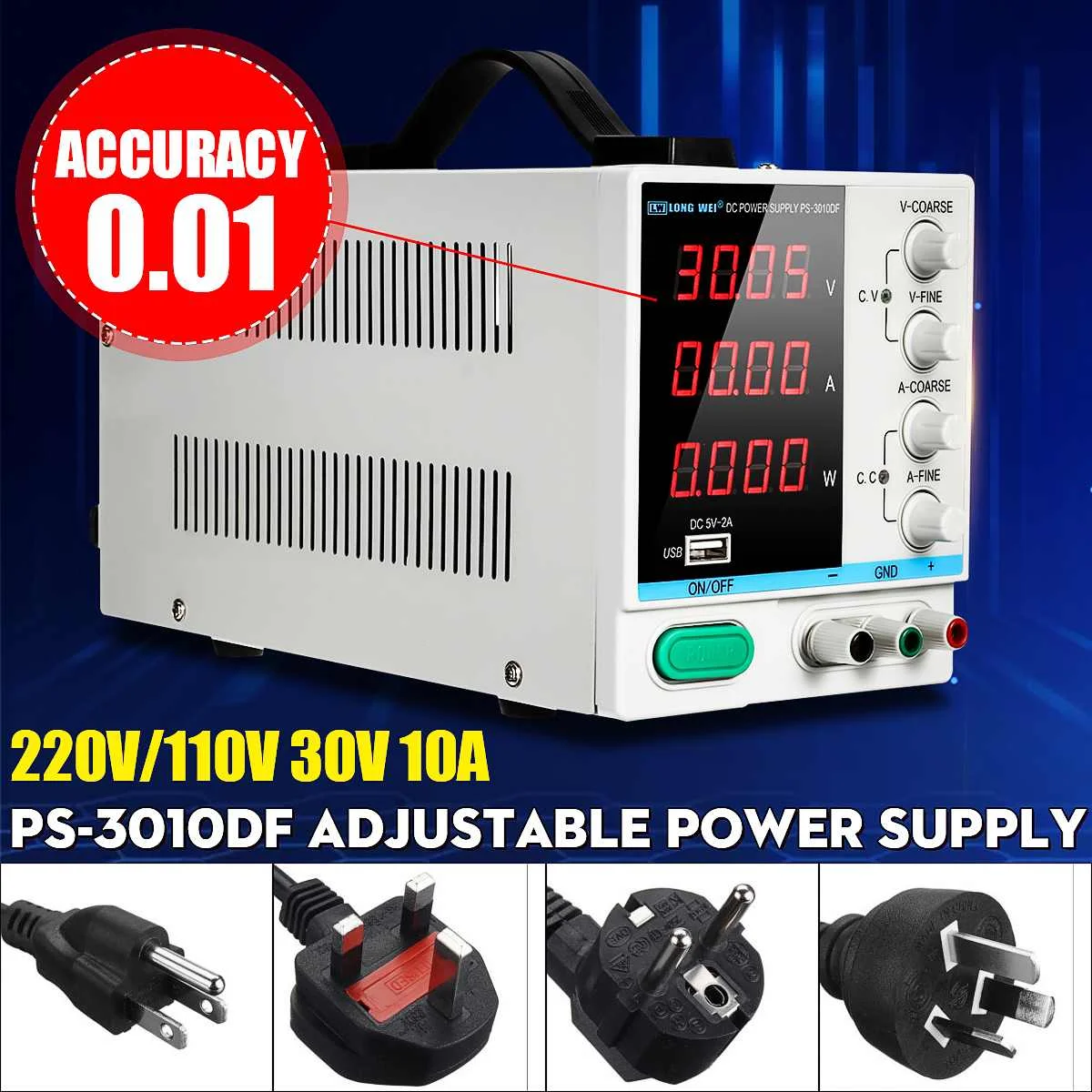 

PS-3010DF 110V/220V DC Power Supply 30V 10A Precision Variable LED Digital Lab Adjustable W/ USB