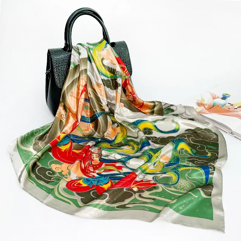 

Artificial Silk Scarf for Women Large Kerchief 90cm Closed Toe Shawl Ethnic Style Painted Custom Satin Scarf