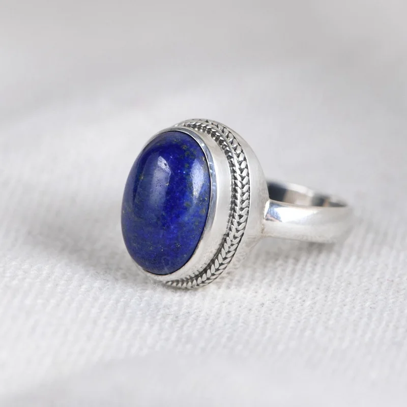 

FNJ 925 Silver Ring for Women Jewelry 100% Original Pure S925 Sterling Silver Rings Natural Lapis Lazuli