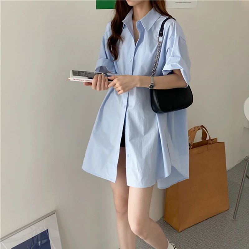 Женская Однотонная рубашка оверсайз Повседневная Корейская Короткая Длинная
