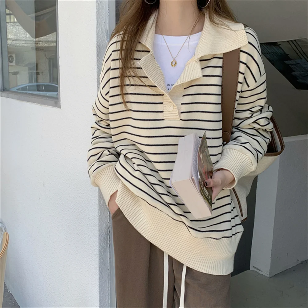 

Alien Kitty Women Hot Fashion New OL Knitwear Sweaters 2022 OL Winter Pullover Stripes All Match Casual Lapel Loose Jumper