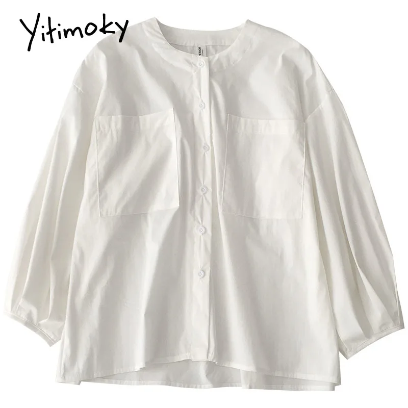 

Yitimoky Women Shirts Korean Fashion Top Solid Spring Summer New 2021 Long Sleeve Simply Style Casual Vintage Straight Blouse