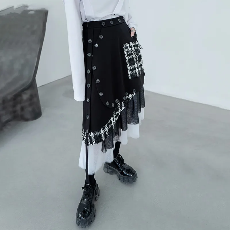 

High Elastic Waist Irregular Plaid Striped Half-body Skirt Women Fashion Tide Patchwork Pocket New Autumn Winter Clothing 2021