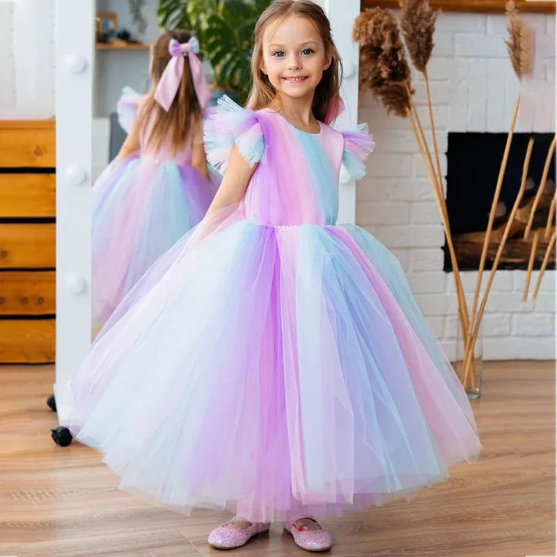 

Rainbow Flower Girl Dresses for Wedding Ball Cap Sleeve Girls Birthday Party Gowns Prom Wear First Communion Dress